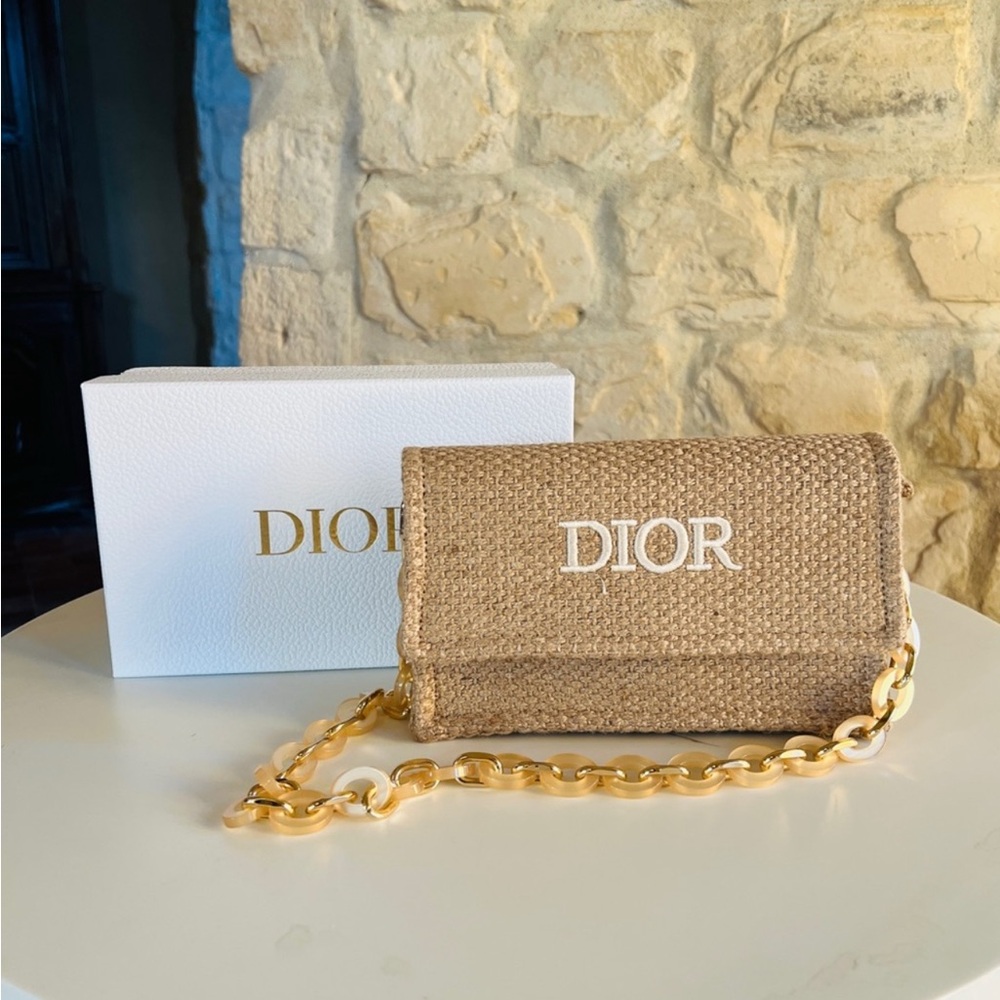 Dior Beige Rafia Woven Clutch with Gold Chain